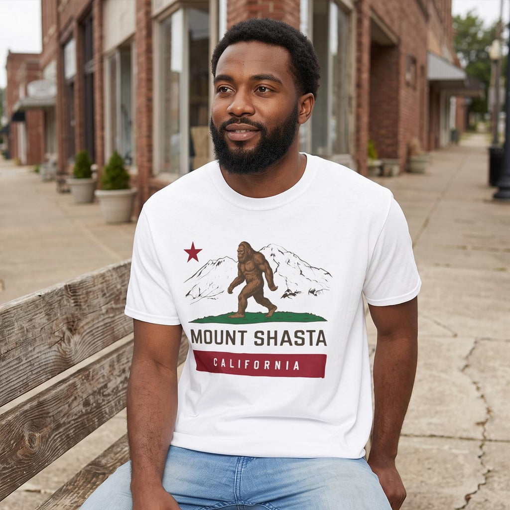 Mount Shasta Sasquatch Bigfoot T-Shirt California Flag (White)