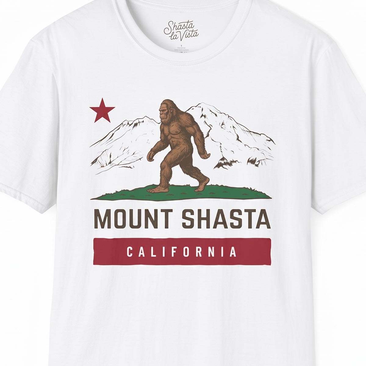 Mount Shasta Sasquatch Bigfoot T-Shirt California Flag (White)