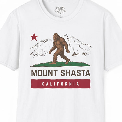 Mount Shasta Sasquatch Bigfoot T-Shirt California Flag (White)