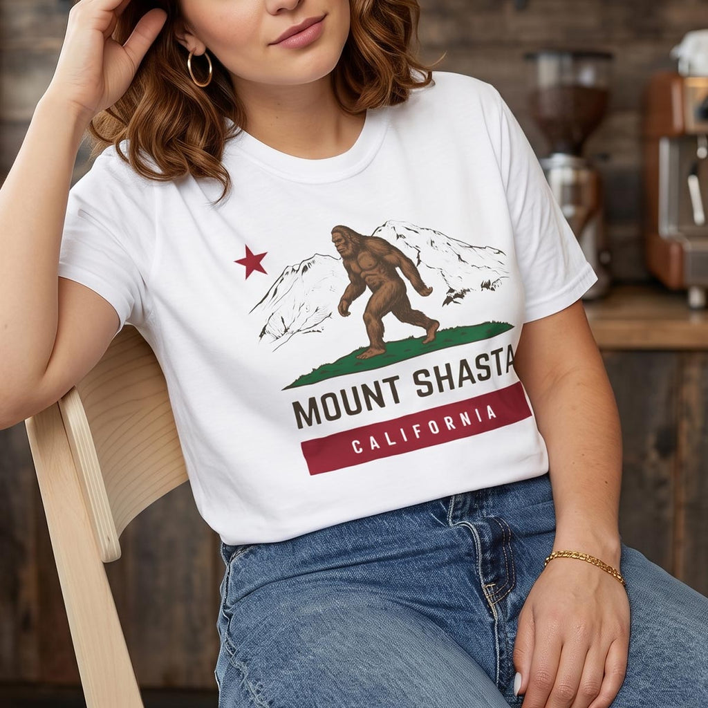 Mount Shasta Sasquatch Bigfoot T-Shirt California Flag (White)