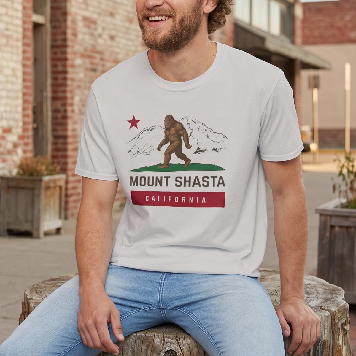 Mount Shasta Sasquatch Bigfoot California Flag T-Shirt (Ice Grey)