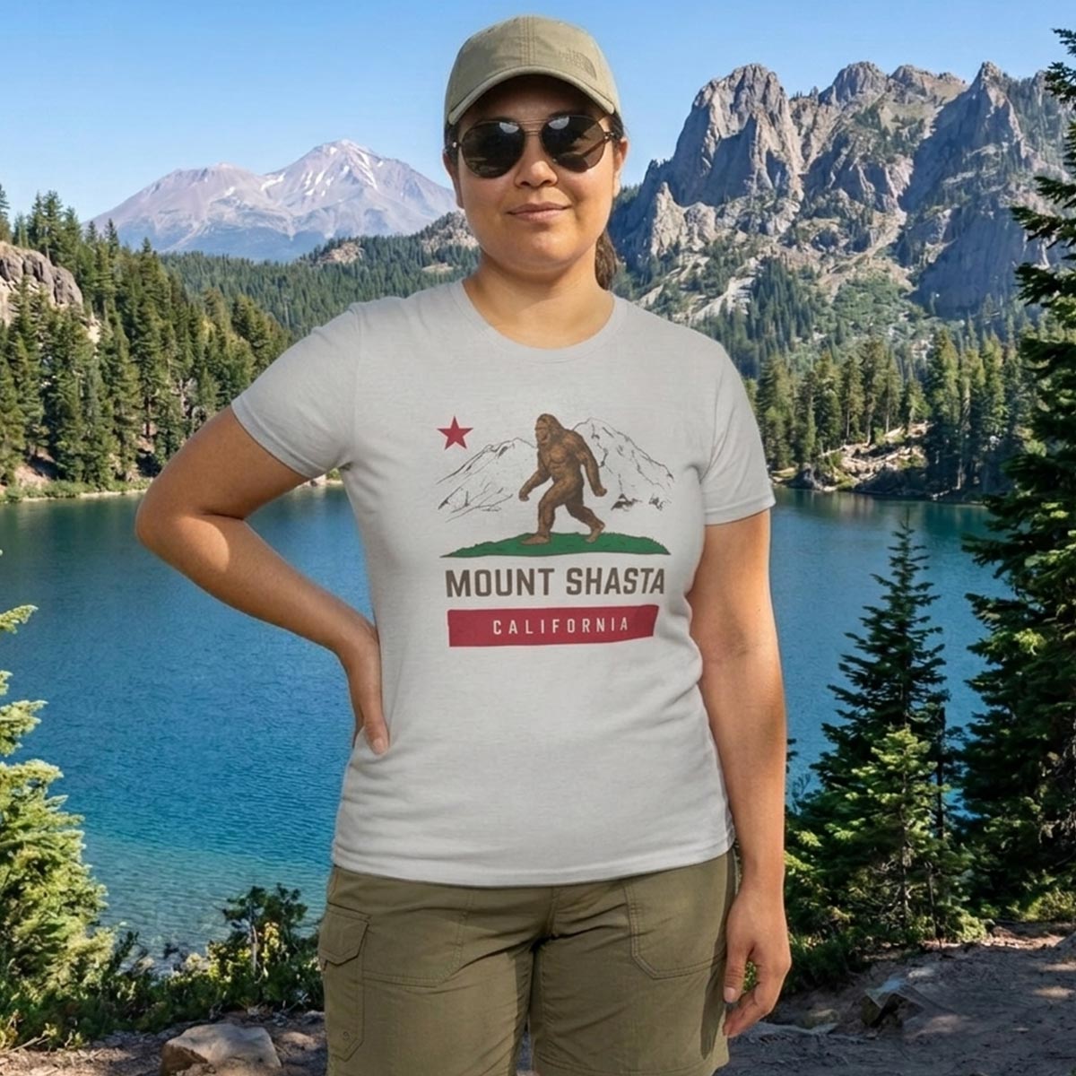 Mount Shasta Sasquatch Bigfoot California Flag T-Shirt (Ice Grey)